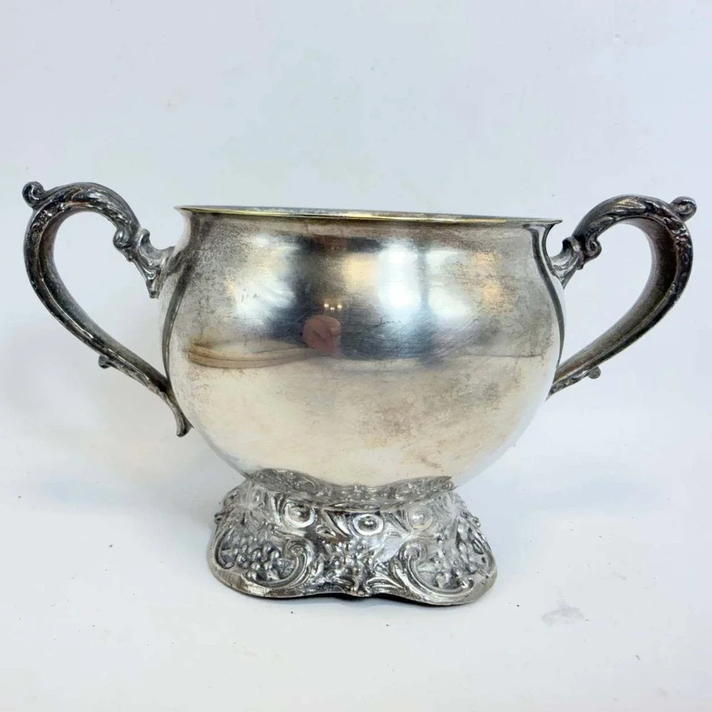 Hanle Vintage Silverplate Sugar Bowl Footed Ornate Grape Vine Double Handle